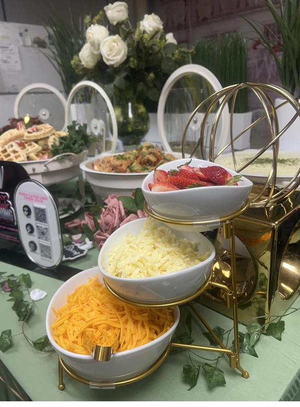 Flavor and Flair Catering brunch tiered cheese and fresh fruit display in gold accent stand
