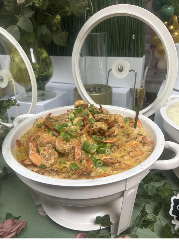 Flavor and Flair Catering brunch shrimp and grits in elegant white chafing dish
