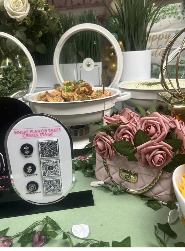 Flavor and Flair Catering brunch display with shrimp dish and pink roses