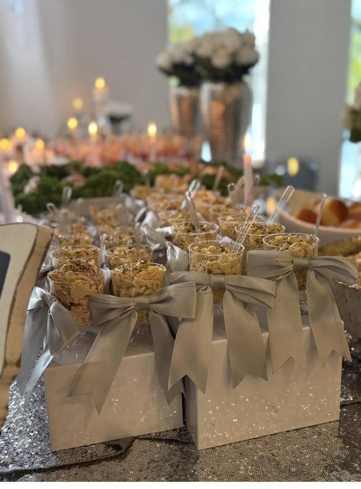 Flavor and Flair Catering individual gourmet servings tied with elegant grey ribbons